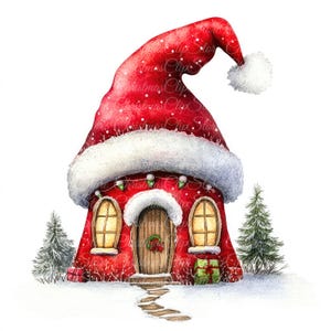 10 Haus mit Weihnachtsmütze, digitale Illustration, hochwertige PNG- und JPG-Bilder, Clipart, printable Download, Weihnachtshaus, Weihnachtsmannhaus
