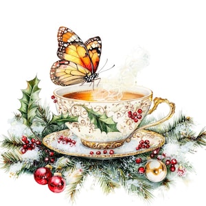 10 illustrations numériques de Noël, thé et papillon, Images JPG de haute qualité, des cliparts, téléchargement imprimable, tasse de thé de Noël, boisson d'hiver