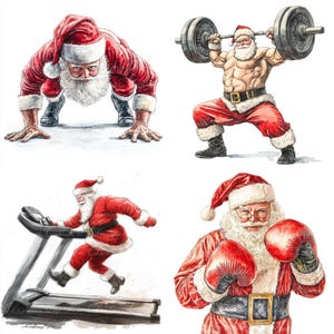 10 Papai Noel malhando ilustrações digitais, imagens JPG de alta qualidade, clipart, download para impressão, Natal, exercícios, academia, treino