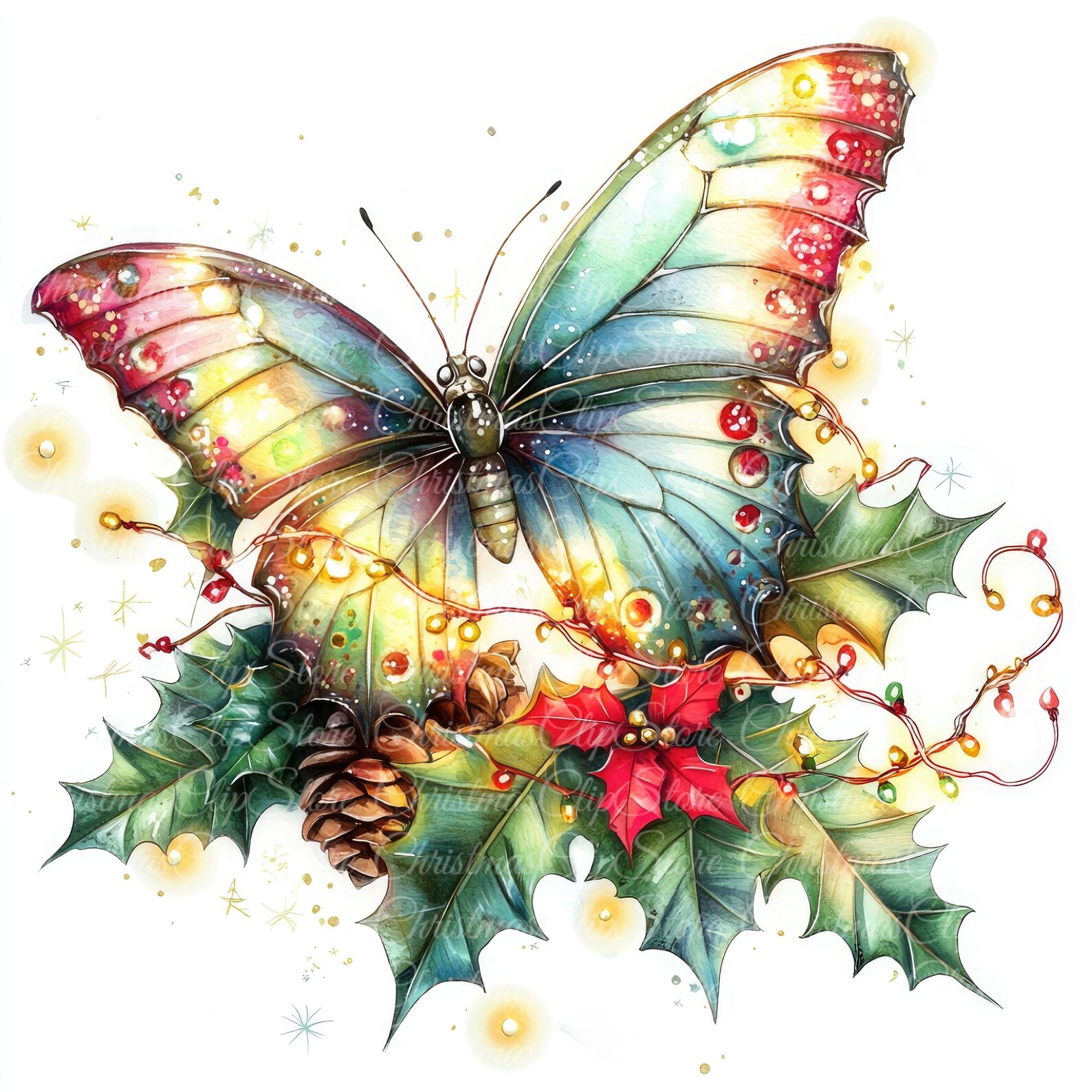 Christmas Butterfly Clipart, Festive Holiday PNG JPG (digital Download ...