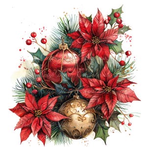 May include: Watercolour painting of a Christmas arrangement featuring red poinsettia flowers, green holly leaves, and two baubles. One bauble is red with gold accents, and the other is gold with intricate designs.