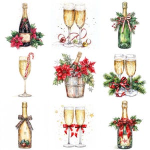 10 Ilustração digital de champanhe de Natal, Imagem PNG e JPG de alta qualidade, Clipart, Download para impressão, Champanhe de Ano Novo, Bebidas de Natal
