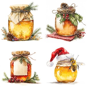 12 illustrations numériques de Noël miel, images PNG et JPG de haute qualité, cliparts, téléchargement imprimable, pot de miel vintage, festif, mets sucré