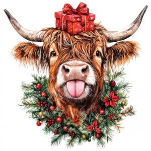 May include: A brown and white Highland cow with a red and white gift box on its head. The cow is wearing a green wreath with red berries and poinsettia flowers around its neck. The cow is sticking its tongue out.