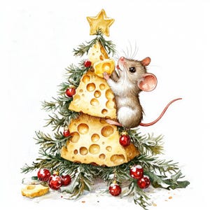 10 digitale Illustrationen von Maus und Käse, Weihnachtsbaum, hochwertige PNG und JPG-Bilder, Clipart, printable Download, lustige Weihnachtsmaus