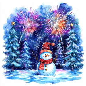 10 Ilustrações Digitais de Bonecos de Neve e Fogos de Artifício, Imagens PNG e JPG de Alta Qualidade, Clipart, Download para Impressão, Véspera de Ano Novo, Ano Novo, NYE
