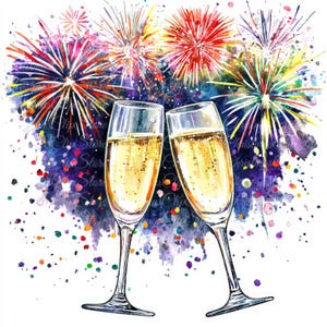 10 copas de champán y fuegos artificiales, ilustraciones digitales, imágenes JPG de alta calidad, imágenes prediseñadas, descarga imprimible, Nochevieja, bebidas de Nochevieja