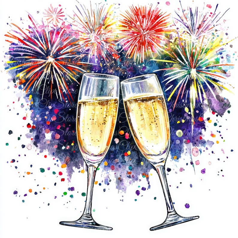 Könnte beinhalten: Zwei Champagnerflöten gefüllt mit prickelndem Champagner, zum Anstoßen erhoben vor einem Aquarellhintergrund mit bunten Feuerwerkskörpern.