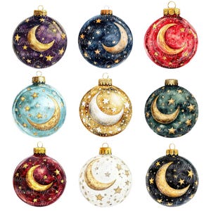 10 Kugel mit Mond und Sternen, digitale Illustrationen, hochwertige PNG- und JPG-Bilder, Clipart, printable Download, Weihnachtskugeln, Ornament