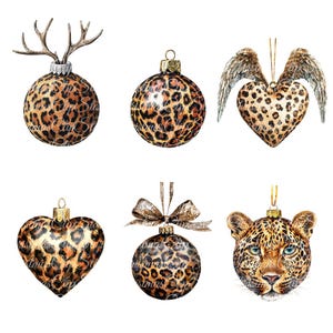 Könnte beinhalten: Sechs Weihnachtskugeln mit Leopardenmuster. Die Kugeln sind in Form einer Kugel, eines Herzens und eines Hirschkopfes. Eine Kugel hat eine Schleife, eine andere Flügel und eine andere ein Leoparden Gesicht.