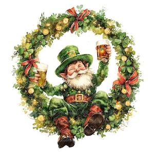 8 kabouter in krans digitale illustraties, hoge kwaliteit png- en jpg-afbeeldingen, clipart, afdrukbare download, Ierland, grappige Ierse kerst