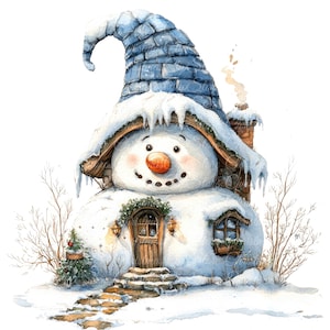 10 sneeuwpop huis digitale illustraties, hoge kwaliteit png- en jpg-afbeeldingen, clipart, afdrukbare download, leuk en grappig kersthuis in de winter