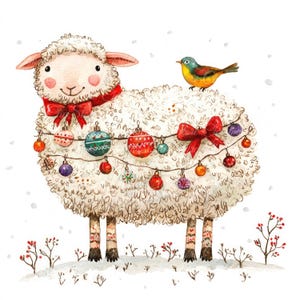 10 grillige kerstschaap digitale illustraties, hoge kwaliteit png- en jpg-afbeeldingen, clipart, afdrukbare download, kerstschaap en vogel