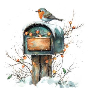 10 Robin on Mailbox digitale illustraties, hoge kwaliteit png- en jpg-afbeeldingen, clipart, afdrukbare download, nostalgische kerstkaart, klassiek
