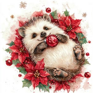 10 illustrations numériques de hérisson et poinsettia de Noël, Images JPG de haute qualité, clipart, téléchargement imprimable, hérisson de Noël mignon