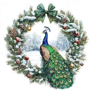 10 Peacock in kerstkrans digitale illustraties, JPG-afbeeldingen van hoge kwaliteit, Clipart, afdrukbare download, Christmas Peacock, Kerstmis, Winter