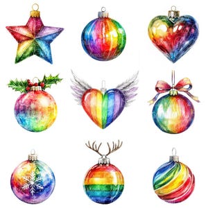 10 regenboog kerstbal digitale illustraties, hoge kwaliteit png- en jpg-afbeeldingen, clipart, afdrukbare download, winterornamenten, kerstdecor