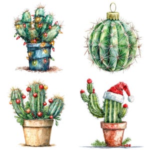 14 illustrations numériques de cactus de Noël, images PNG et JPG de haute qualité, cliparts, téléchargement imprimable, cactus festifs, lumières, boules, noeud