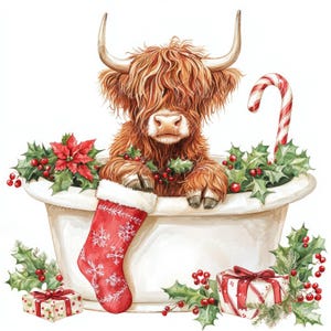 10 kerst hooglandkoe in bad digitale illustraties, hoge kwaliteit png- en jpg-afbeeldingen, clipart, afdrukbare download, kerstkaart, kerstmis