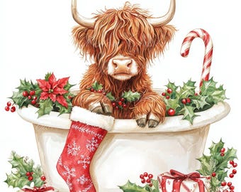 10 Christmas Highland Cow in Bathtub Digital Illustrations, High Quality PNG & JPG Images, Clipart, Printable Download, Christmas Card, Xmas