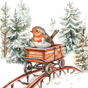 10 Robin sur montagnes russes Illustration numérique, Images JPG de haute qualité, Clipart, téléchargement imprimable, carte de Noël, hiver, neige, forêt