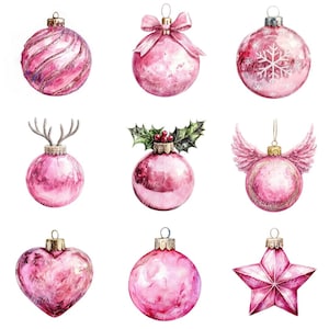 10 illustrations numériques de boule de Noël rose, images PNG et JPG de haute qualité, cliparts, téléchargement imprimable, décorations d'hiver, boules de Noël