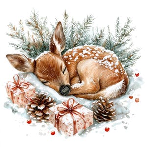 10 slapende kerstherten digitale afbeelding, hoge kwaliteit png- en jpg-afbeeldingen, clipart, afdrukbare download, kerstkaart, fawn, dennenappels