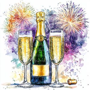 10 Illustration numérique de champagne et de feux d'artifice, Images JPG de haute qualité, Clipart, téléchargement imprimable, célébration du Nouvel an, boisson NYE