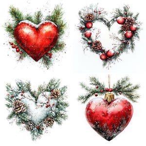 10 Ilustrações Digitais de Coração de Natal, Imagens PNG e JPG de Alta Qualidade, Clipart, Download para Impressão, Corações de Inverno, Coroa de Coração, Vermelho Verde