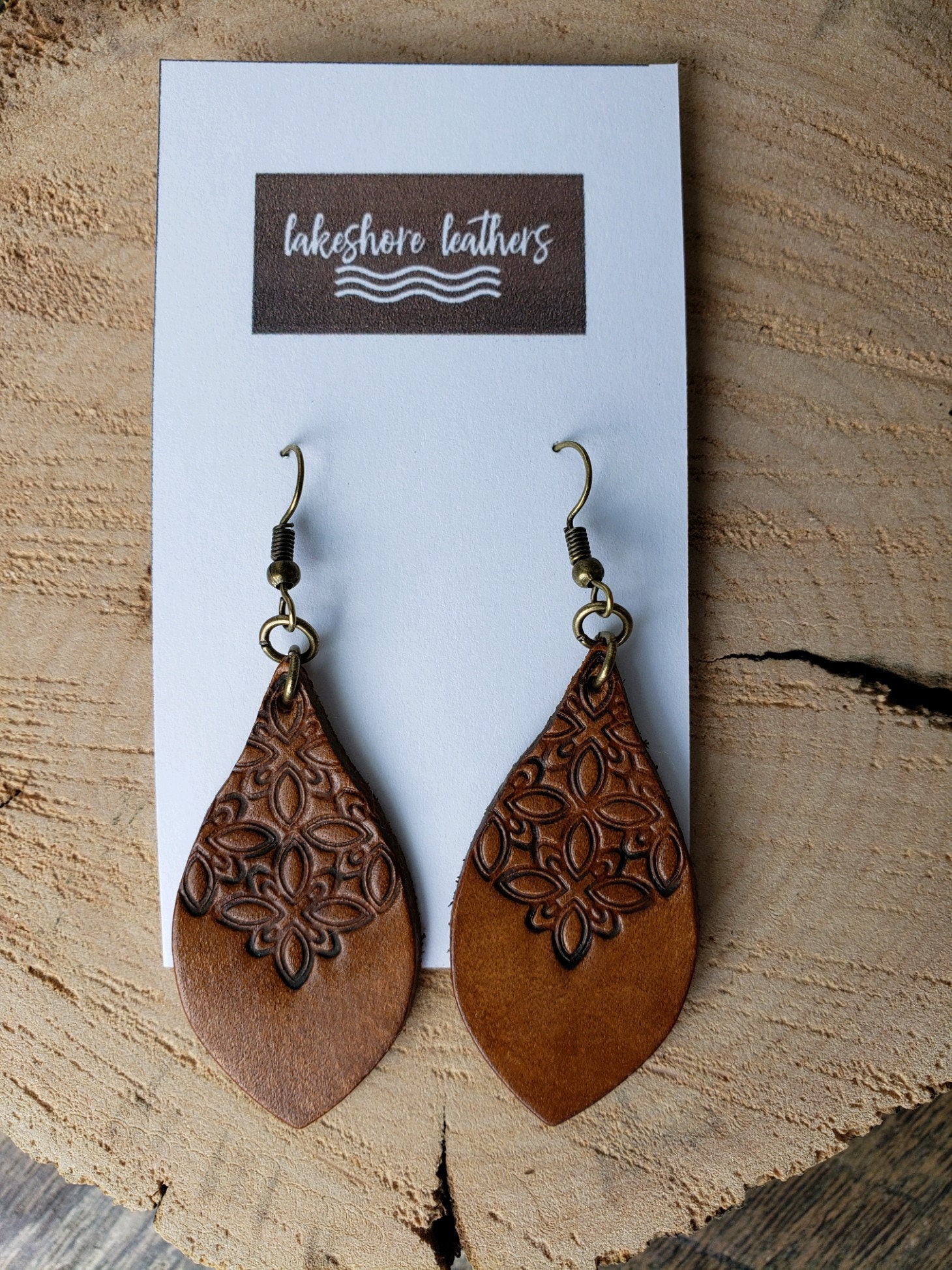 Handmade lightweight brown turquoise pinched leaf real leather earrings 
