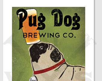 CUSTOM Personalized Hoppy PUG dog Brewery - Archival Pigment Print  Black Pug Fawn Pug