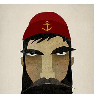 Puede incluir: Una ilustración digital de un hombre con una espesa barba y bigote negros que lleva un gorro de marinero rojo con un ancla dorada. Lleva una camisa a rayas azules y blancas.