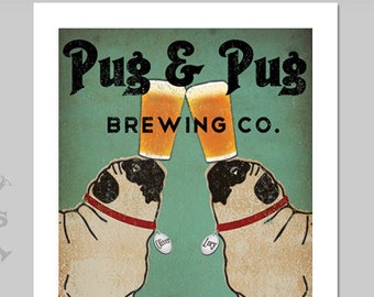 GRATIS AANGEPASTE personalisatie -- Pug & Pug Brewing Co. Beer ILLUSTRATIE Gesigneerde gicleeprint
