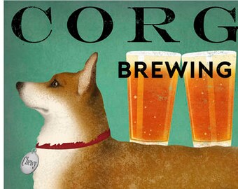 FREE CUSTOMIZATION Corgi Dog Pembroke Welsh Corgi Wine Coffee Martini & Beer Brewing graphic art print  - Signed Fowler