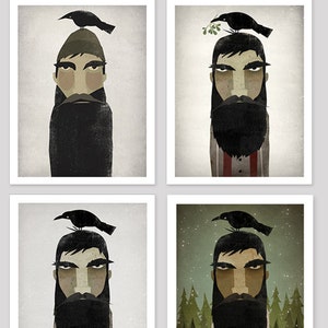 Puede incluir: Cuatro ilustraciones diferentes de un hombre con una larga barba y un cuervo posado en su cabeza. El cuervo sostiene una rama de acebo en una ilustración. El fondo es diferente en cada ilustración, con un bosque nevado en una de ellas.