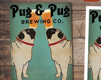Pug & Pug Fawn or Black Pug Brewing Co. Beer Poster Print OR Ready-to-Hang Canvas Choose Your Theme