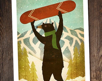 Snowboarding Black Bear custom personalized Black Bear Ursus Americanus Stretched Canvas Wall Art OR Poster Print Ryan Fowler Ski