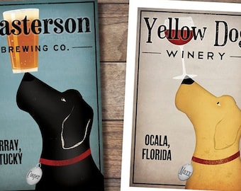 GRATIS PERSONALISATIE Aangepast Yellow Brown Black Dog Brewing Company grafische kunst gicleeprint ONDERTEKEND Black Dog
