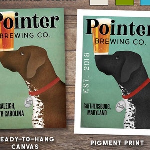 May include: A customizable vintage-style poster featuring a Pointer dog with a beer mug. The poster has a green background with the text "Pointer Brewing Co." and the city and state of origin. The poster is available in various formats and themes.