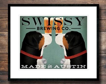 Double SWISSY Greater Swiss Mountain Dog CUSTOM PERSONALIZED Poster Print Beer Wine Coffee Tea Donut Pool Hall - Signed - Not Framed