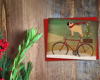 GREETING CARDS Bicycling Christmas Pug Bicycle Christmas Tree 4.5 x 5.5 + red envelope by Native Vermont Studio