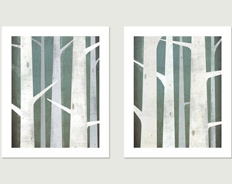 BIRCHES Diptych Giclee PRINT Pair - 11x14 inches Each - Signed Graphic Art Illustration by Native Vermont Studio