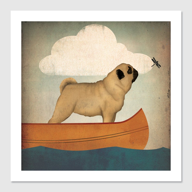 Pug Dog Canoe Ride ILLUSTRATION Giclee Print OR Canvas signed Pug Dog image 2