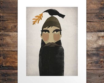 Autumn Leaf Lumberjack and Crow Beard and Mustache - Original Graphic Art PRINT SIGNED