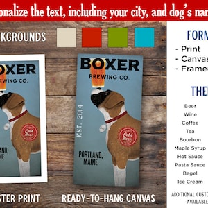 Puede incluir: Un póster de estilo vintage con un perro boxer de dibujos animados sosteniendo una cerveza. El póster es azul con texto blanco que dice "Boxer Brewing Co." y "Portland, Maine". El póster está disponible como impresión de póster o como lienzo listo para colgar.
