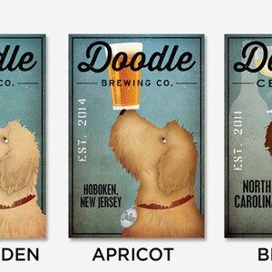 May include: Five vintage-style brewery labels featuring a dog holding a beer. The labels are in different colors: white, tan/golden, apricot, brown, and black. Each label has the name of the brewery and the location. The text on the labels reads: "Doodle Brewing Co.", "Doodle Brewing Co.", "Doodle Brewing Co.", "Doodle Cellars", and "Black Dog Brewery Co."