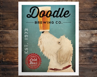 May include: A vintage-style poster advertising Doodle Brewing Co., established in 1973. The poster features a white doodle dog with a glass of beer on its head, and a red seal that says "Premium Cold Beer On Tap".