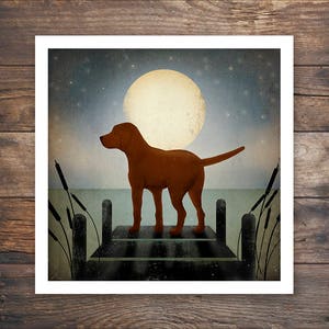 Moonrise Lake Red Dock Dog Graphic Art Illustration Giclee Print Signed
