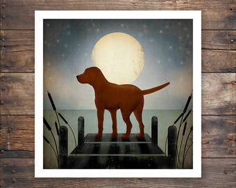 Moonrise Lake Red Dock Dog Graphic Art Illustration Giclee Print Signed