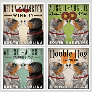 Puede incluir: Cuatro impresiones cuadradas con perros pastor australianos. Cada impresión tiene un tema diferente: bodega, tienda de donuts, empresa de café y cervecería. Las impresiones incluyen texto como "Bella & Winston Winery" y "Aussie & Aussie".